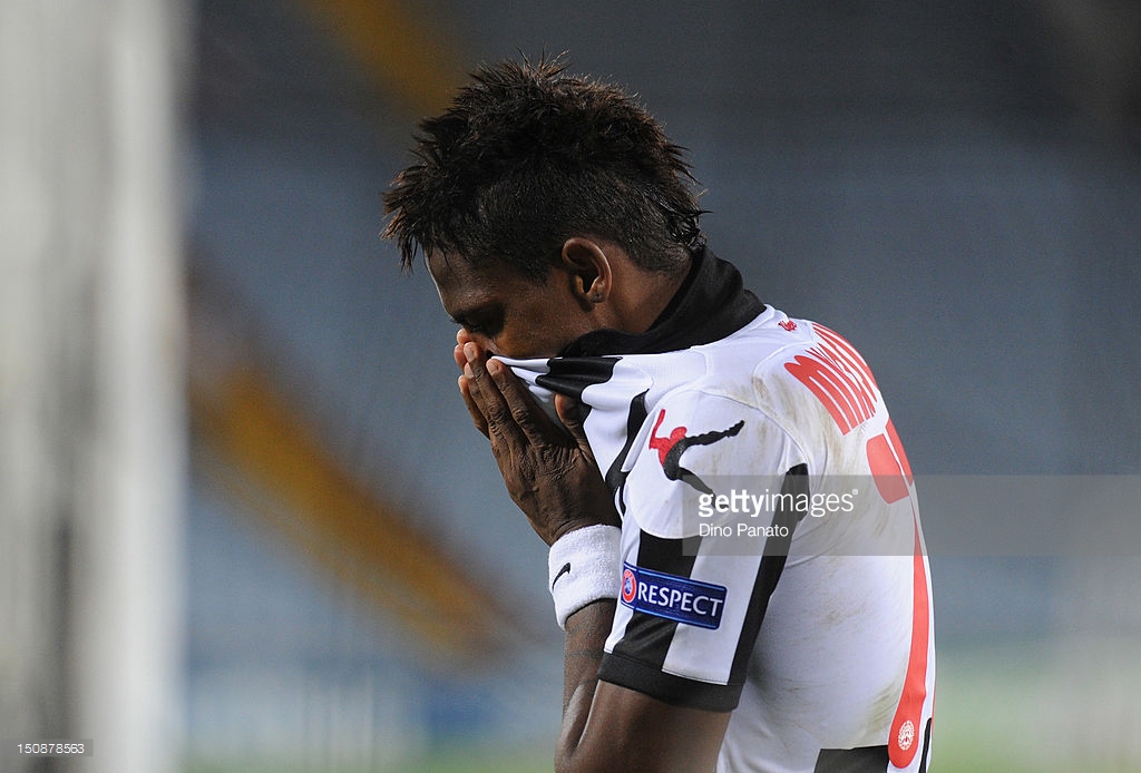 Maicosuel of Udinese shows his dejection after missing a penalty during the UEFA Champions League play-off match between Udinese Calcio and SC Braga at Friuli Stadium on August 28, 2012 in Udine, Italy